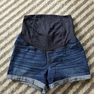 Maternity Denim Shorts with Stretch Panel - Dark Blue